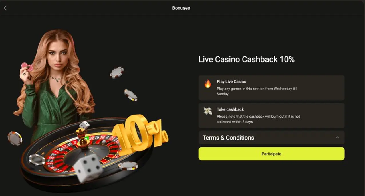 10% CashBack at Parimatch Live Casino